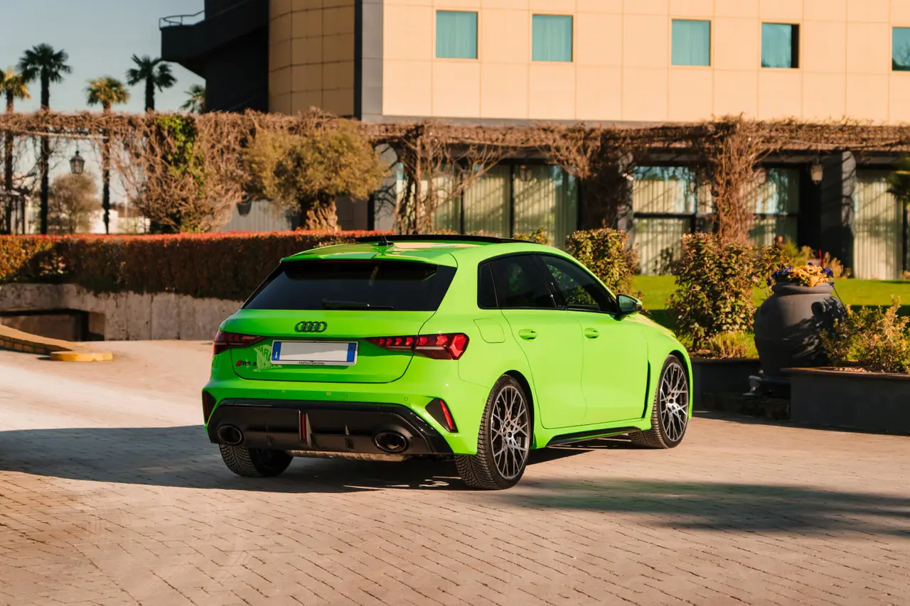Audi RS3 Restyling 2025, rear view — St. Tropez Luxury Car, Saint-Tropez. Audi RS3 Restyling à Saint-Tropez The Audi RS3 Restyling 2025 is available to rent in…