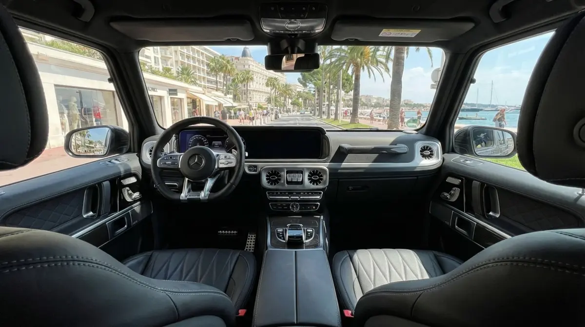 Mercedes Benz G63 2023, interior — St. Tropez Luxury Car, Saint-Tropez. Mercedes Benz G63 in Saint-Tropez The 2023 Mercedes Benz G63 is available for rental in…