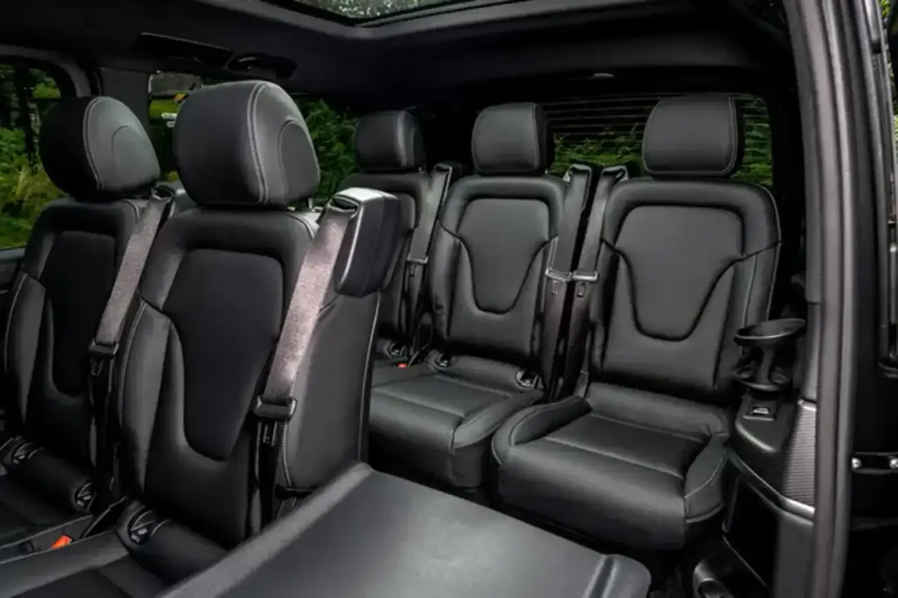 Mercedes Benz V300 8 seats 2025, exterior — St. Tropez Luxury Car, Saint-Tropez. Mercedes Benz V300 8 seats in Saint-Tropez The Mercedes Benz V300 8 seats, a 2025 minivan…