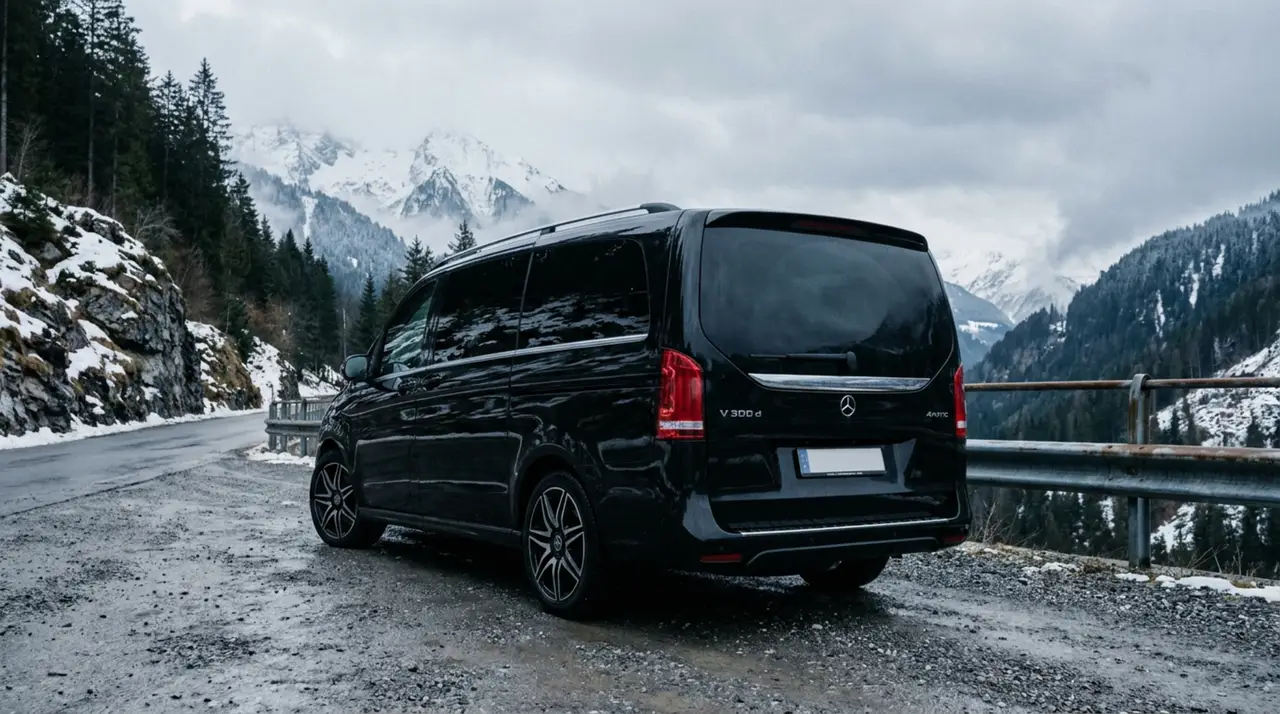 Mercedes Benz V300 8 seats 2025, front view — St. Tropez Luxury Car, Saint-Tropez. Mercedes Benz V300 8 seats in Saint-Tropez The Mercedes Benz V300 8 seats, a 2025 minivan…