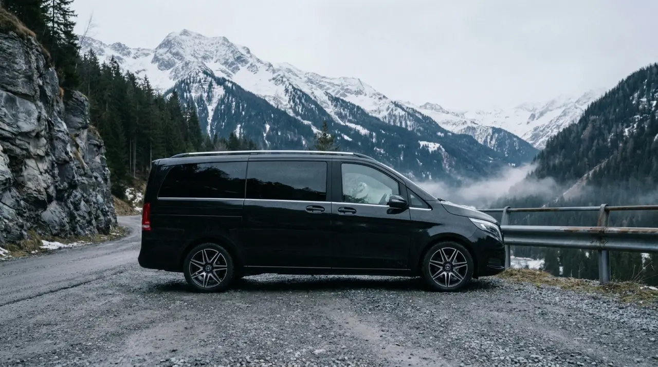 Mercedes Benz V300 8 seats 2025, rear view — St. Tropez Luxury Car, Saint-Tropez. Mercedes Benz V300 8 seats in Saint-Tropez The Mercedes Benz V300 8 seats, a 2025 minivan…