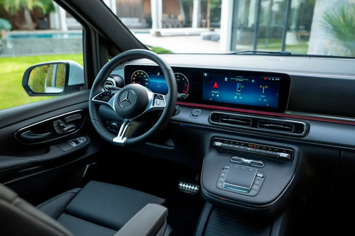 Mercedes Benz V300 8 seats 2025, dashboard — St. Tropez Luxury Car, Saint-Tropez. Mercedes Benz V300 8 seats in Saint-Tropez The Mercedes Benz V300 8 seats, a 2025 minivan…