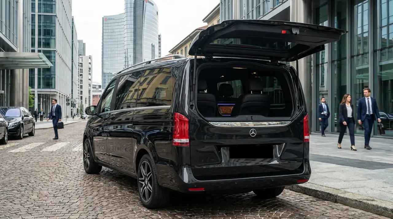 Mercedes V Class 2026, rear view — St. Tropez Luxury Car, Saint-Tropez. Mercedes Benz V Class in Saint-Tropez The Mercedes V Class 2026 is available to rent in…